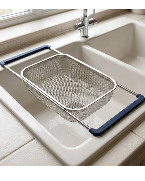 Baklu Expandable Over Sink Mesh Draining Basket 39-58 cm Navy Grips - Lifestyle view